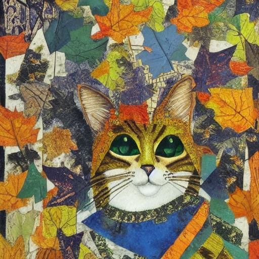 Autumn Cat Paper Collage Art