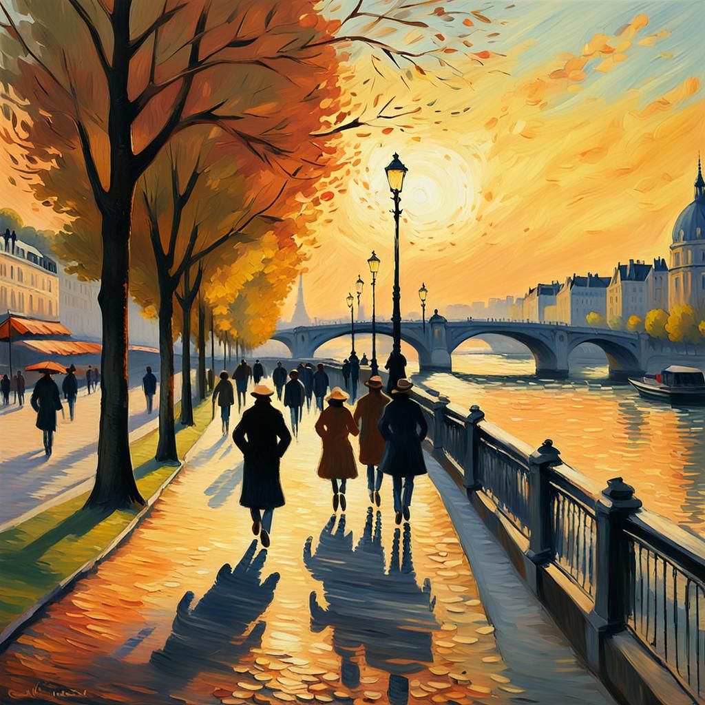 Paris Riverbank at Sunset in Impressionist Style