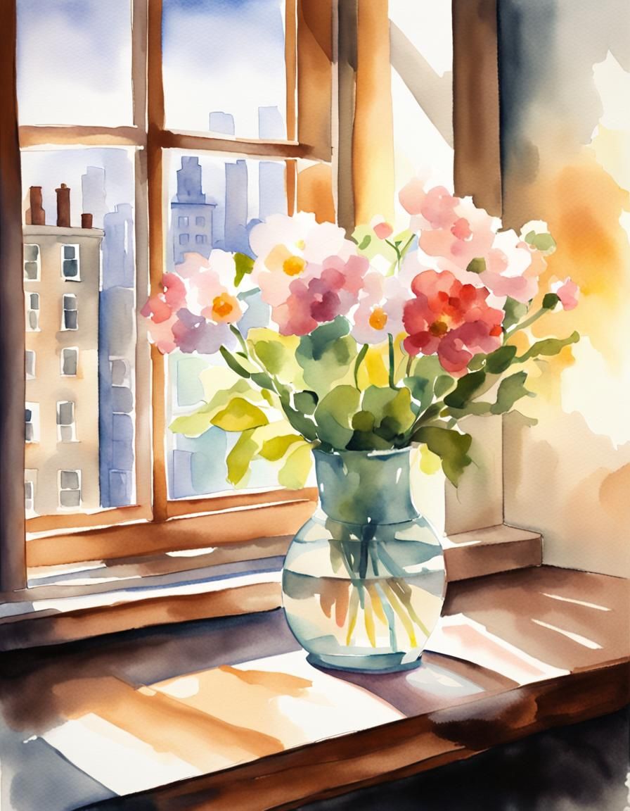 Watercolor painting that captures a calm and warm scene. On a wooden table by a window, there is a glass vase with fresh...