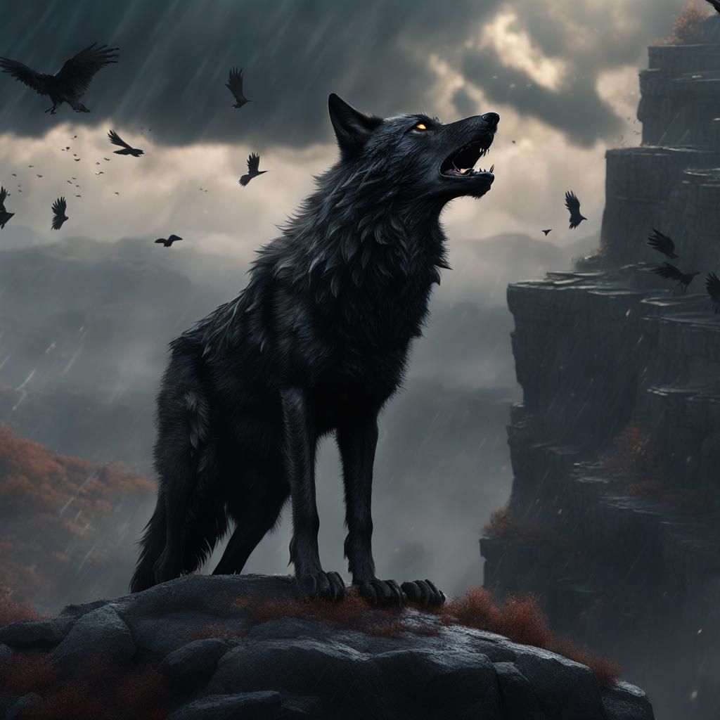 Black Wolf Howling on Cliff in Stormy Weather