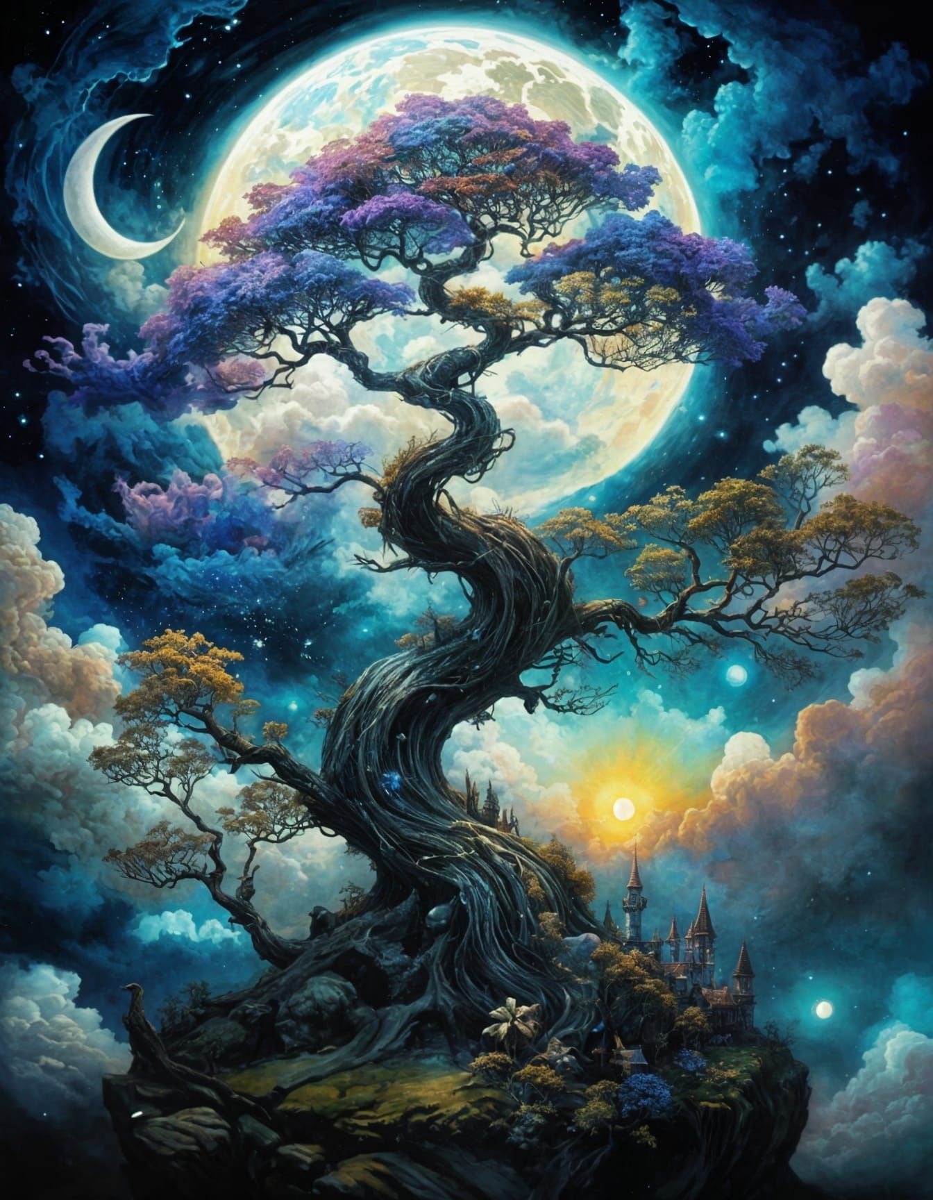 Cyberpunk Moonlit Bonsai Landscape in Whimsical Neo-Impressi...