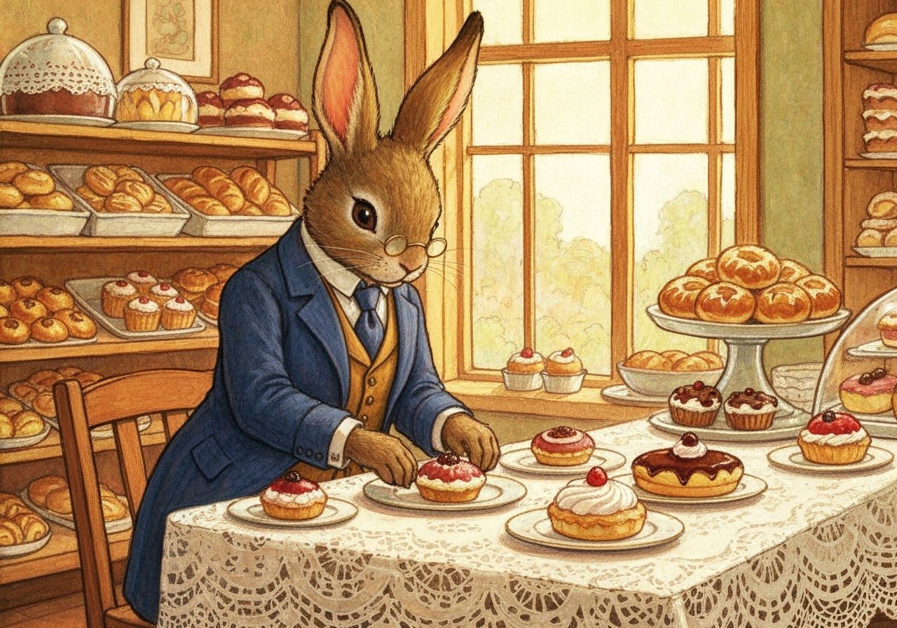 Victorian Rabbit Baker Arranges Pastries in Cozy Bakery
