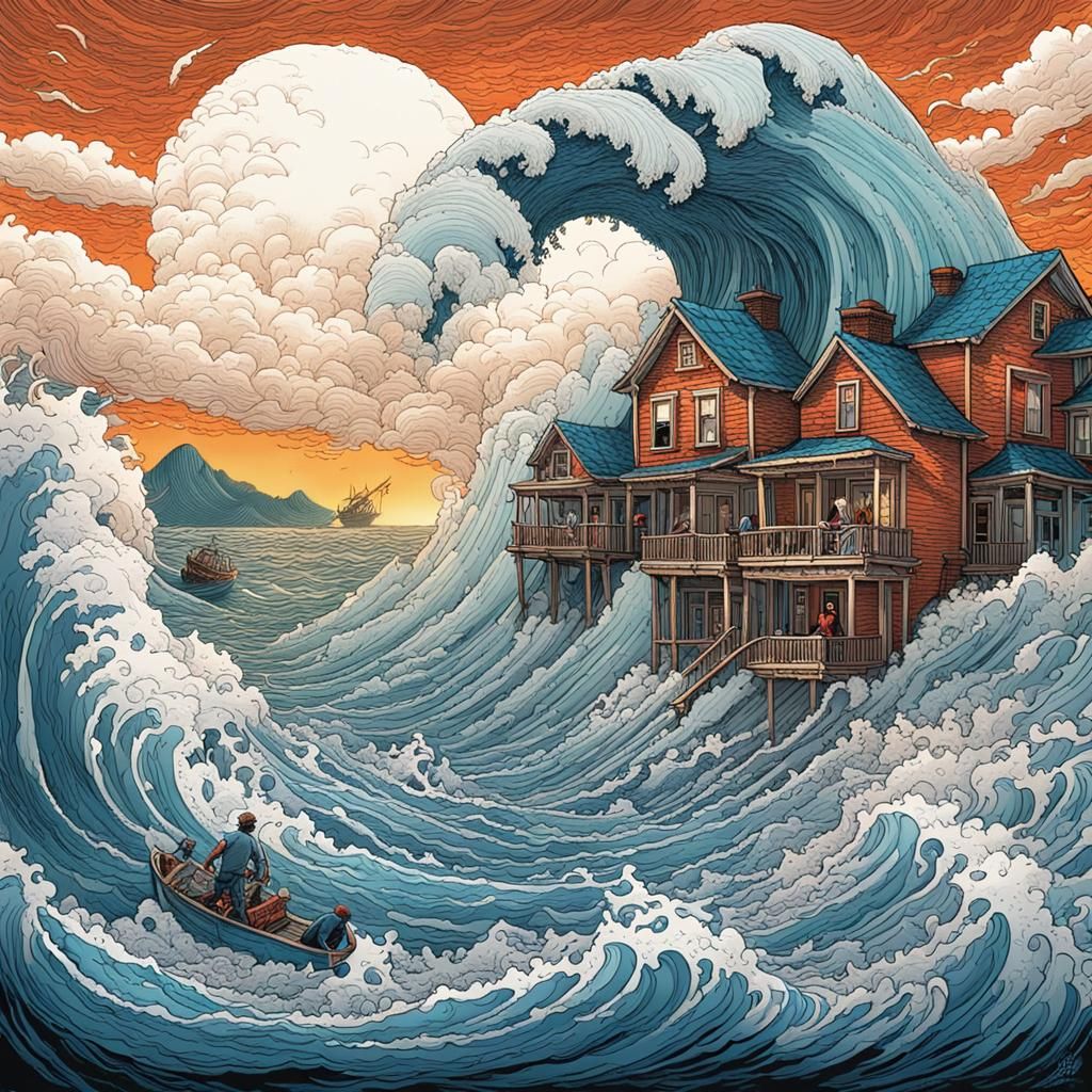 Tsunami Hits Coastal City: Detailed Ink Illustration