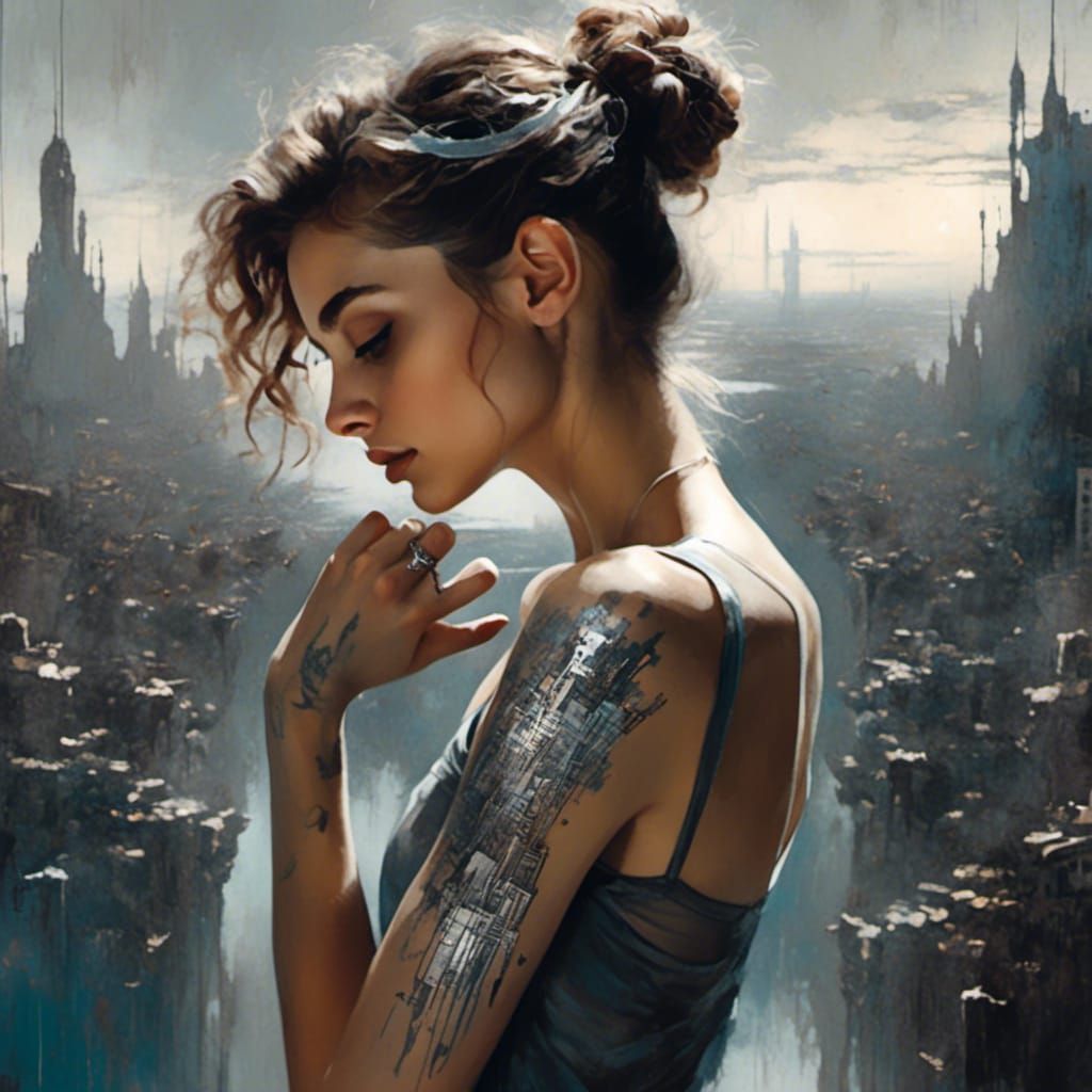 Girl with Cybernetic Tattoo Gazing at Future City
