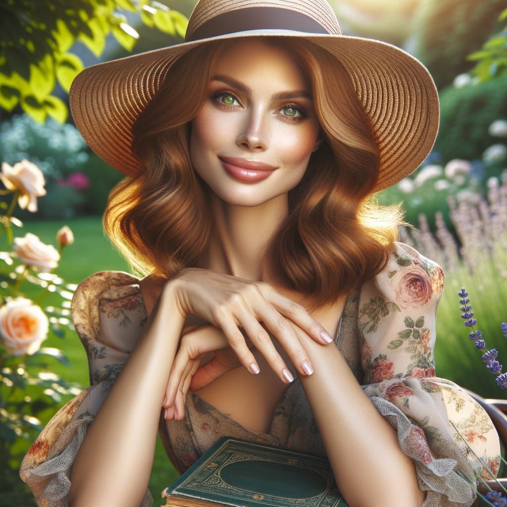 Elegant Woman Reading in a Sunny Garden