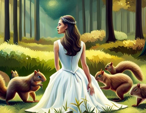 Woman Surrounded by Squirrels: Hyperrealistic Splash Art
