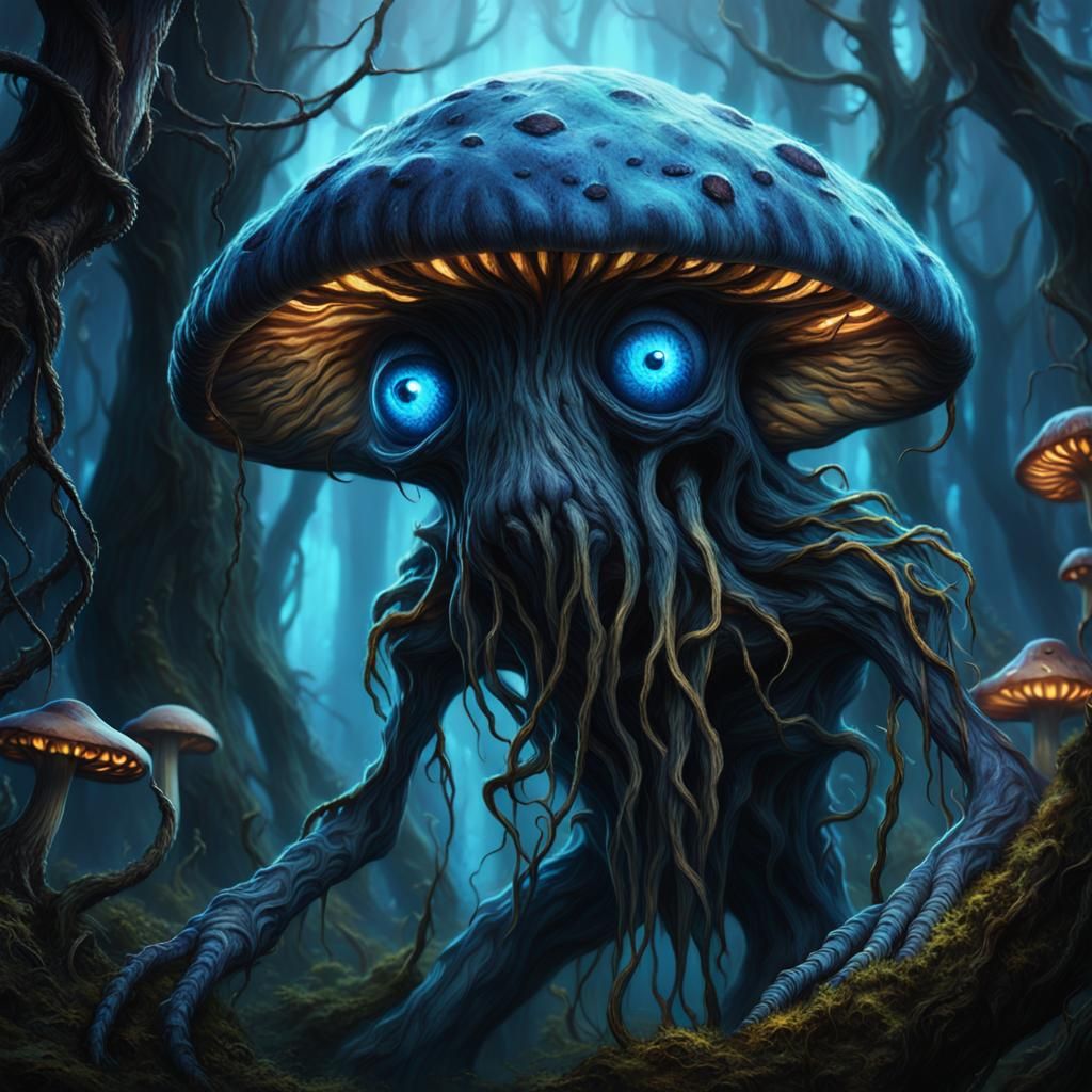 Glowing Mushroom Creature in Dark Fantasy Matte Painting