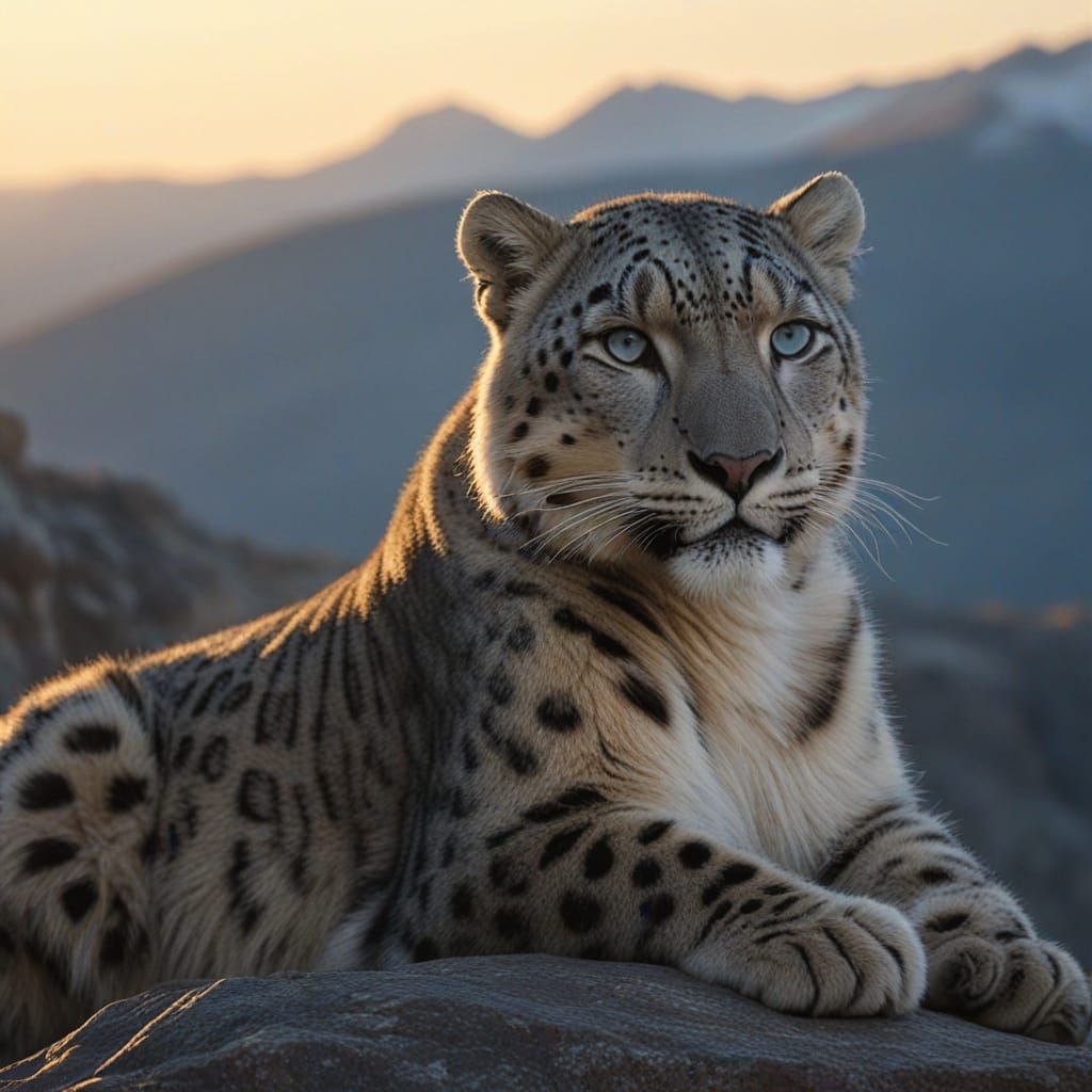 Snow Leopard Overlooking Mountain Range in Hyperrealism