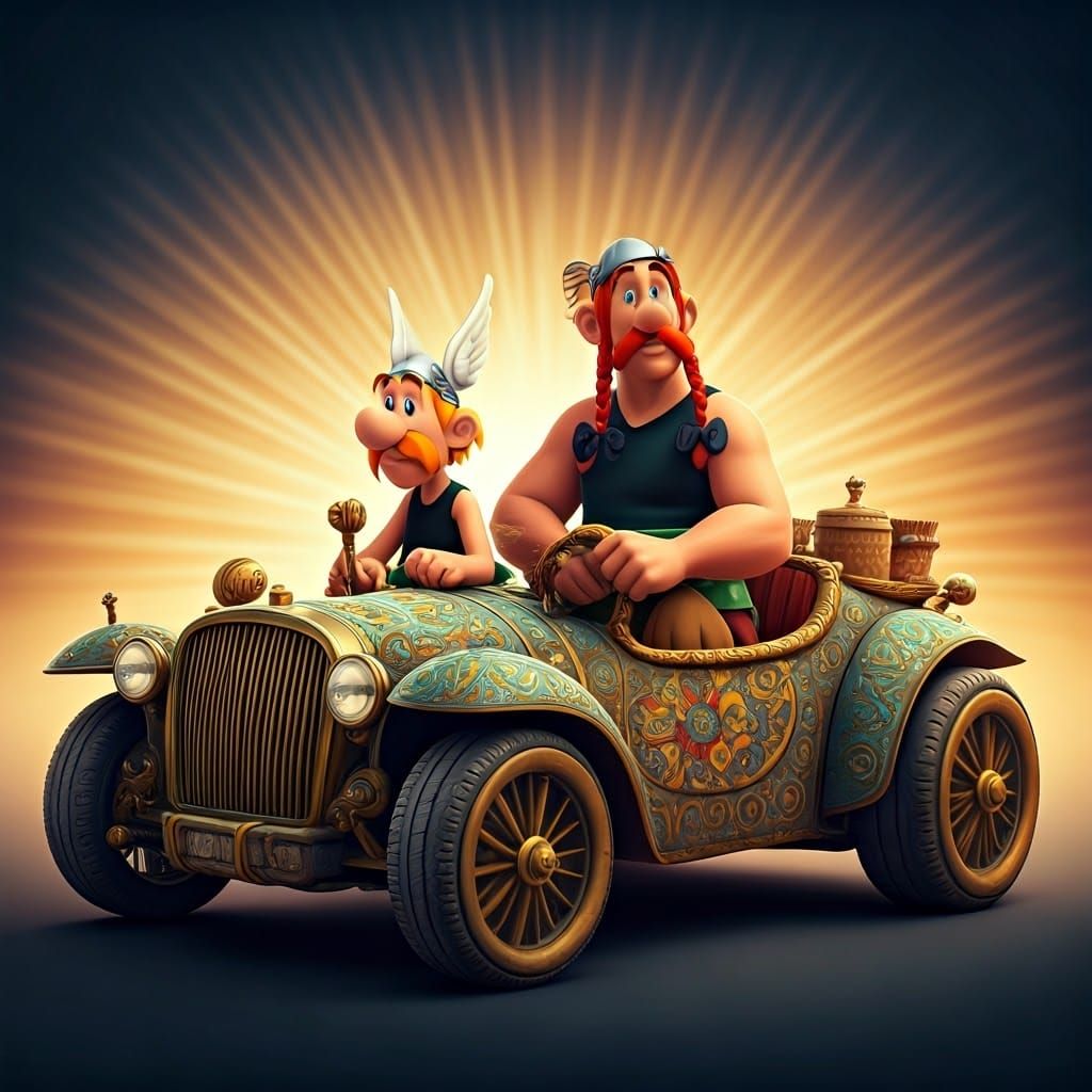 Asterix and Obelix in Gaulish Car, Pixar Style