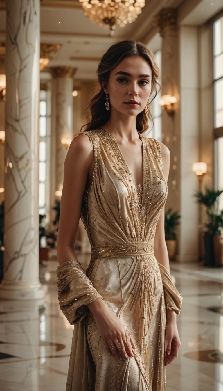Luxury Gown Portrait in Deluxe Hotel Lobby