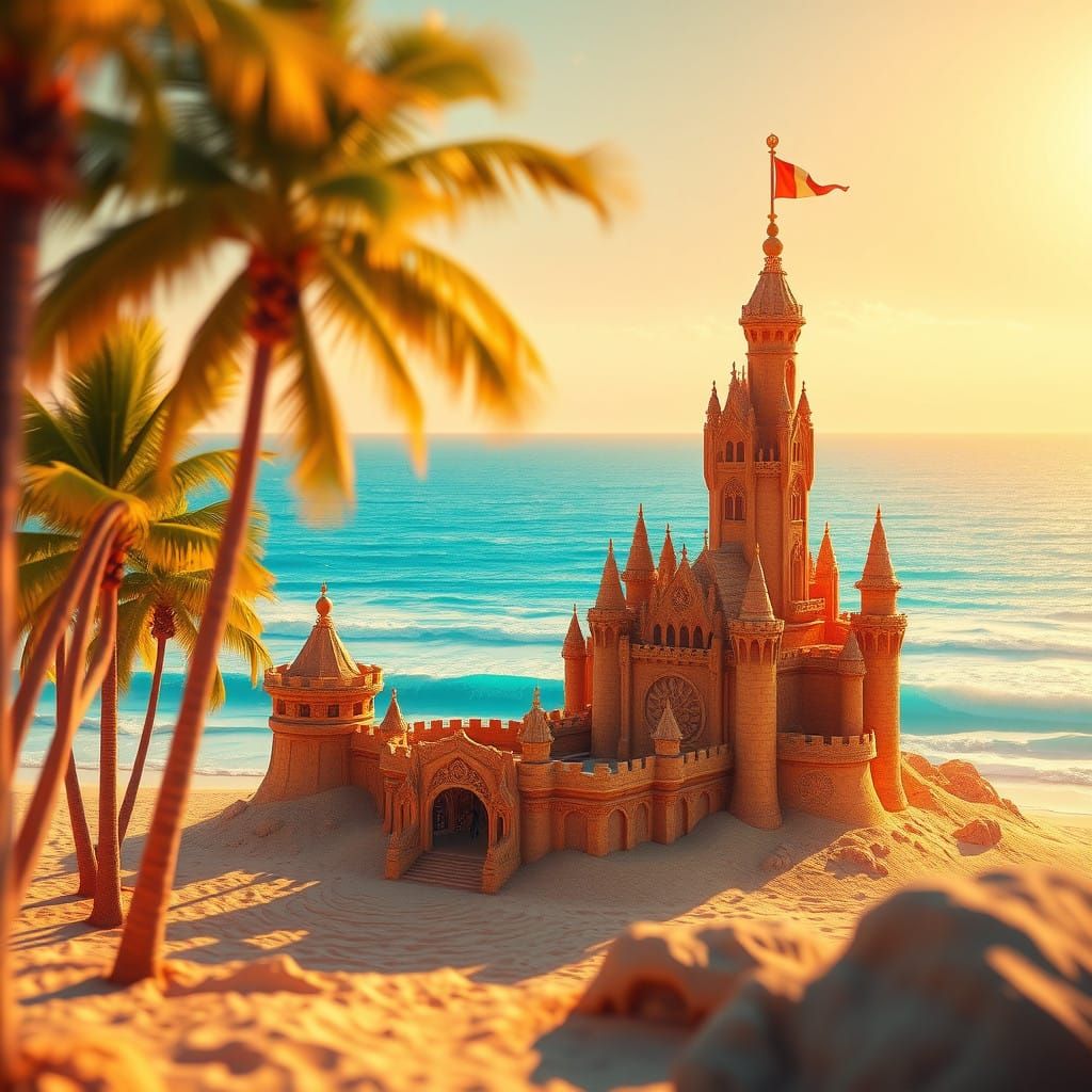 Golden Sand Castle Amidst Tropical Oasis