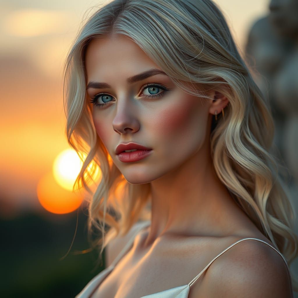 Ethereal Woman in Art Nouveau Style Sunset
