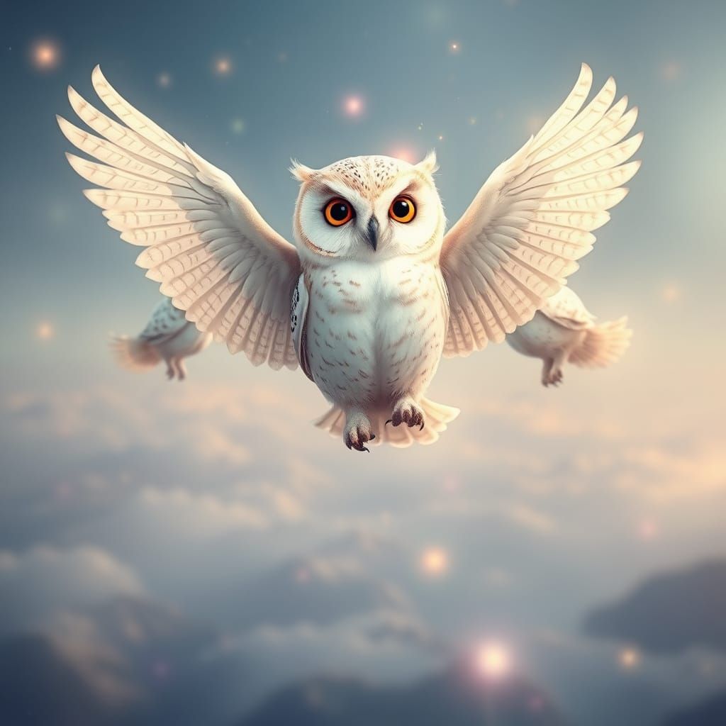 Cute White Owls in Flight: Fantastical Panorama