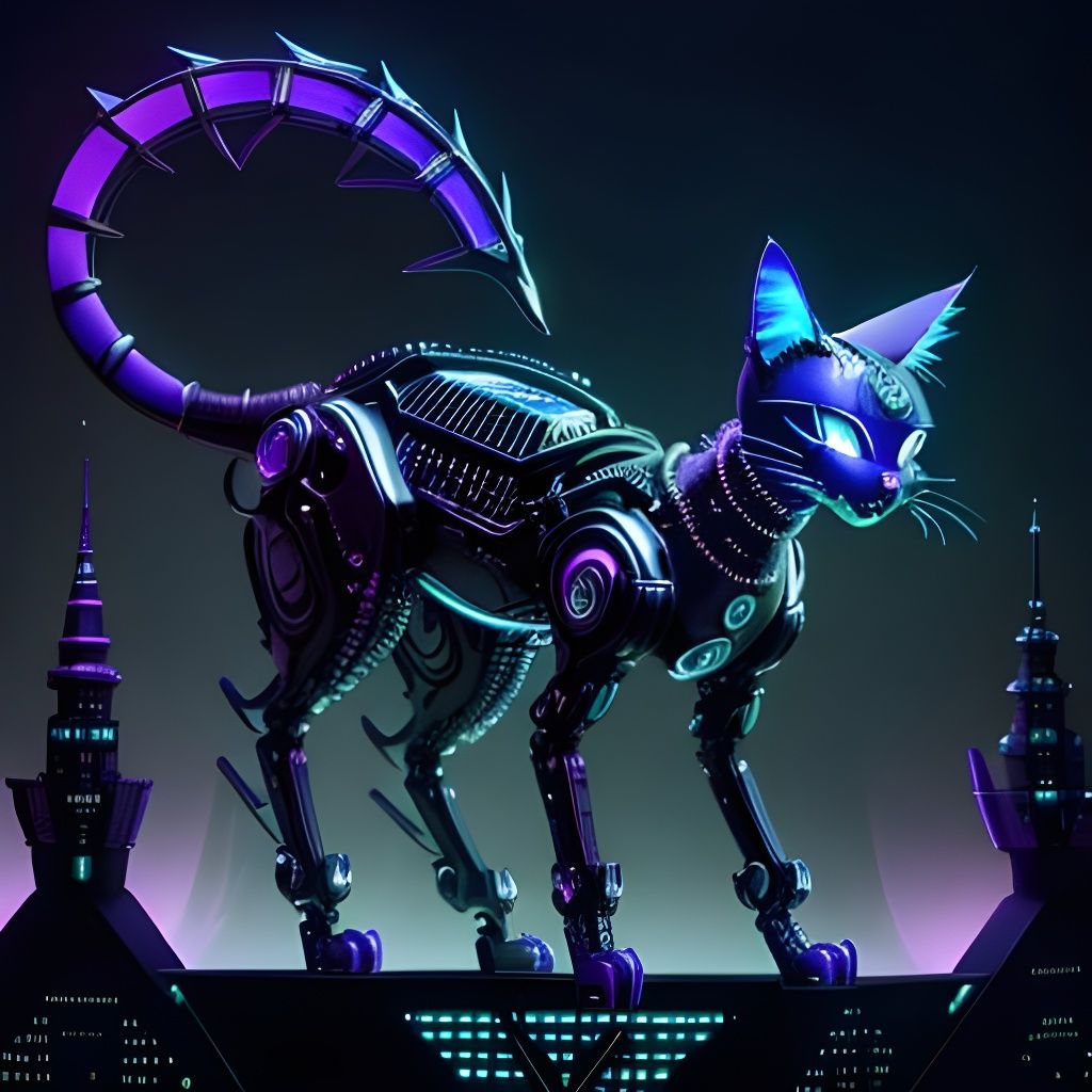 Intricate Cyber Cat in Futuristic Cityscape