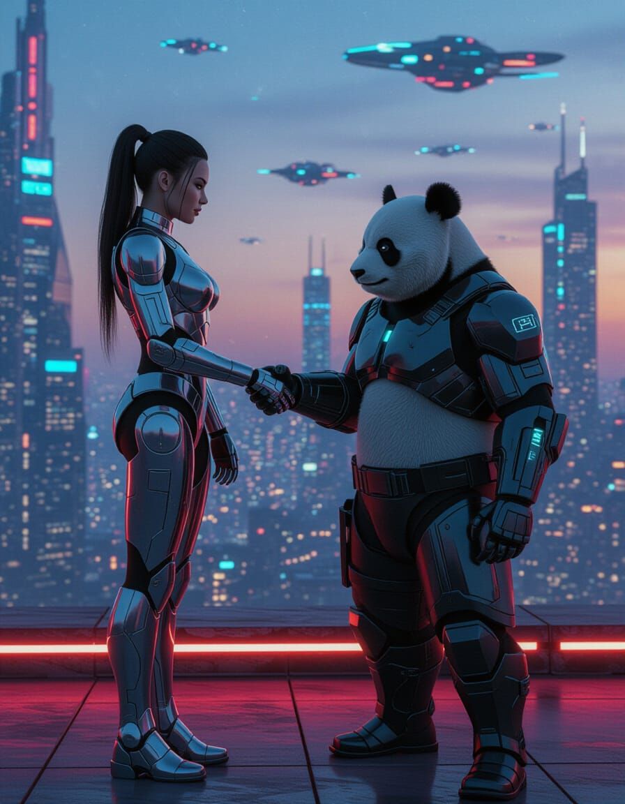 Cyborg Panda Meets Futuristic Model on Neon Rooftop