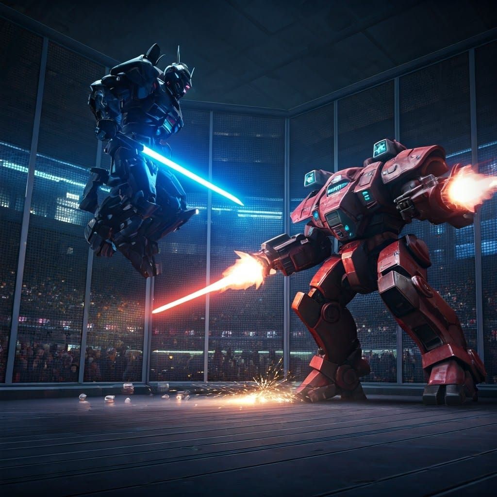 Mecha Battle in Futuristic Arena, Sci-Fi Art