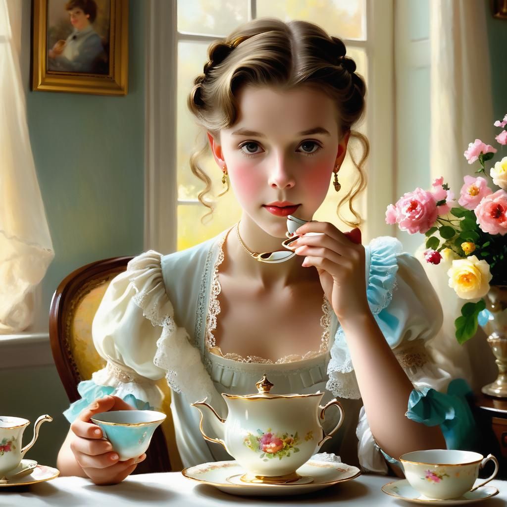 Millie Bobbie Brown Sipping Tea: Impressionism Portrait