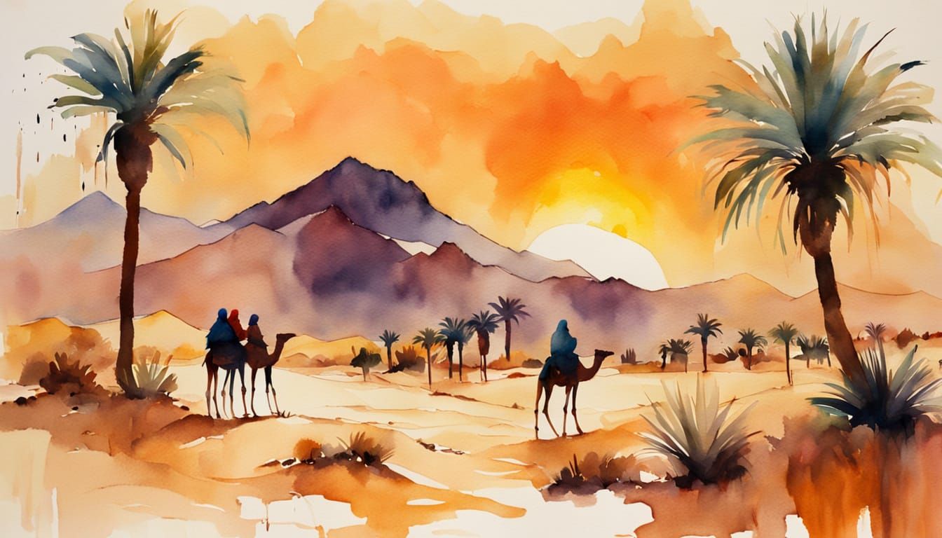 Moroccan Desert Oasis in Watercolor with Tuareg and Camels