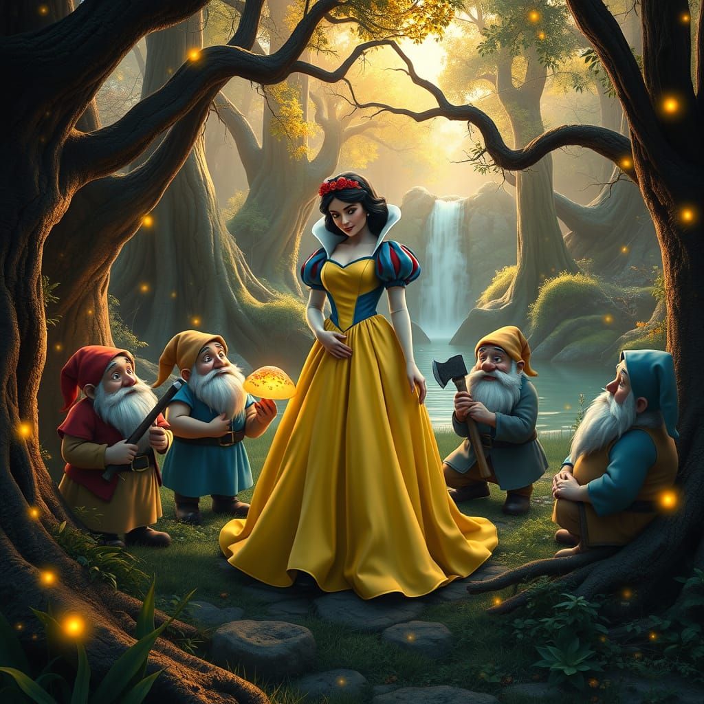 Snow White in Enchanted Forest with 7 Dwarfs