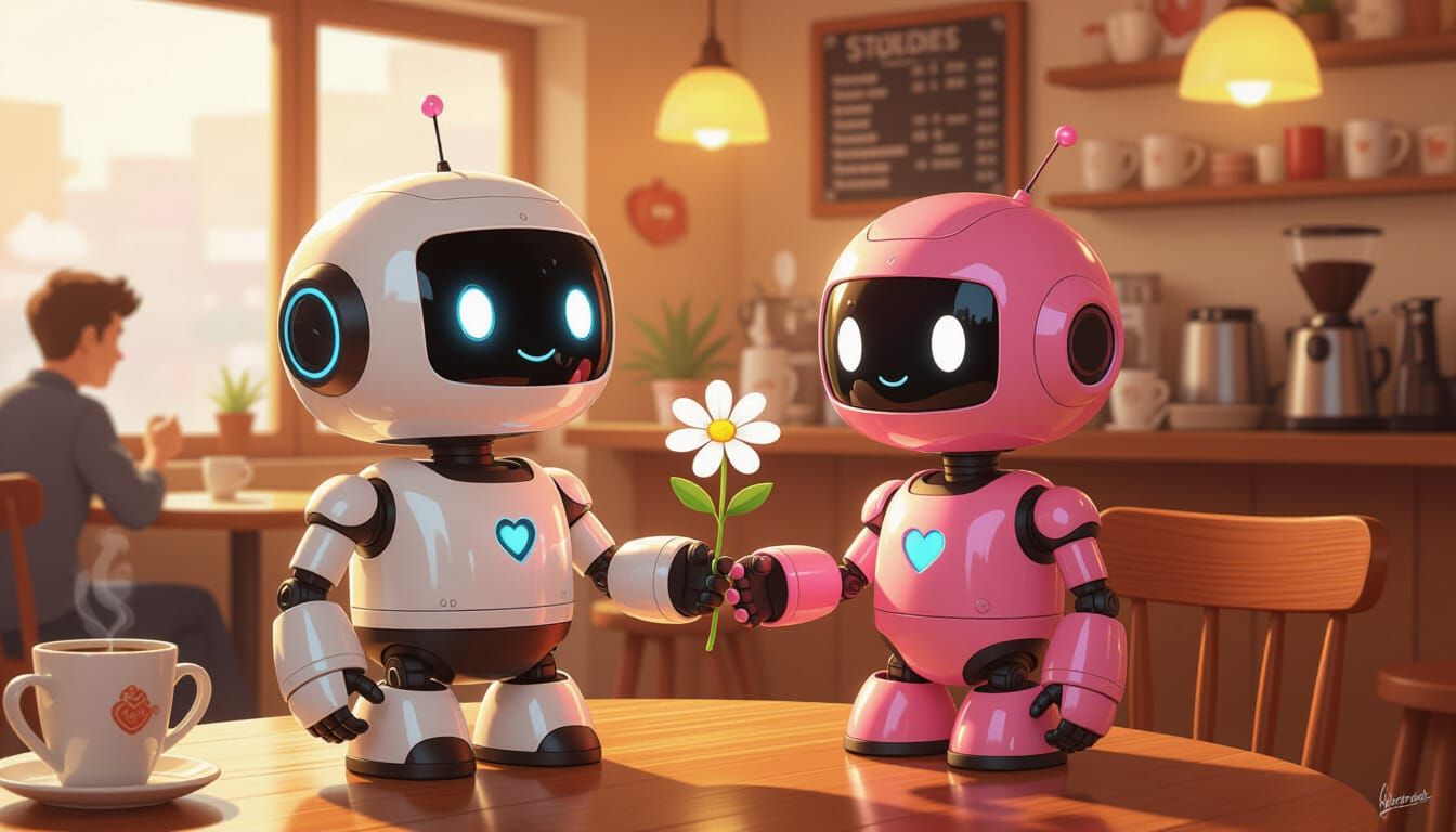 Cute Robots Meet in Retro Coffee Shop