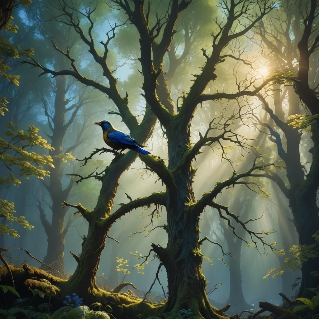 Fauvist Spring Tree and Bird in Mystical Forest