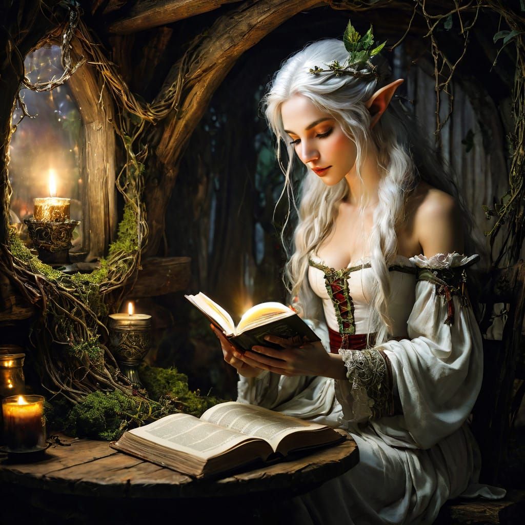 Enchanted Elf Reading in Golden Glow