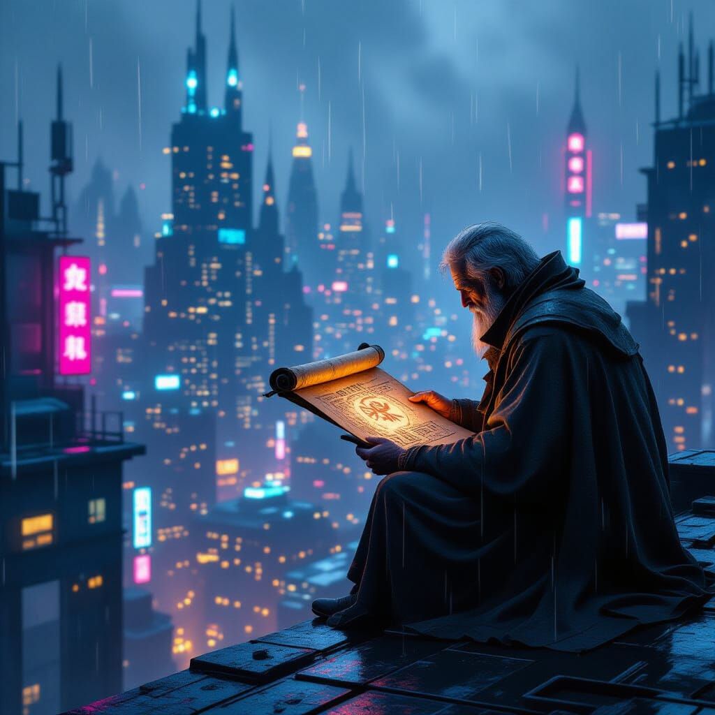 Cyberpunk Elder on Neon Rooftop Overlooking Cityscape