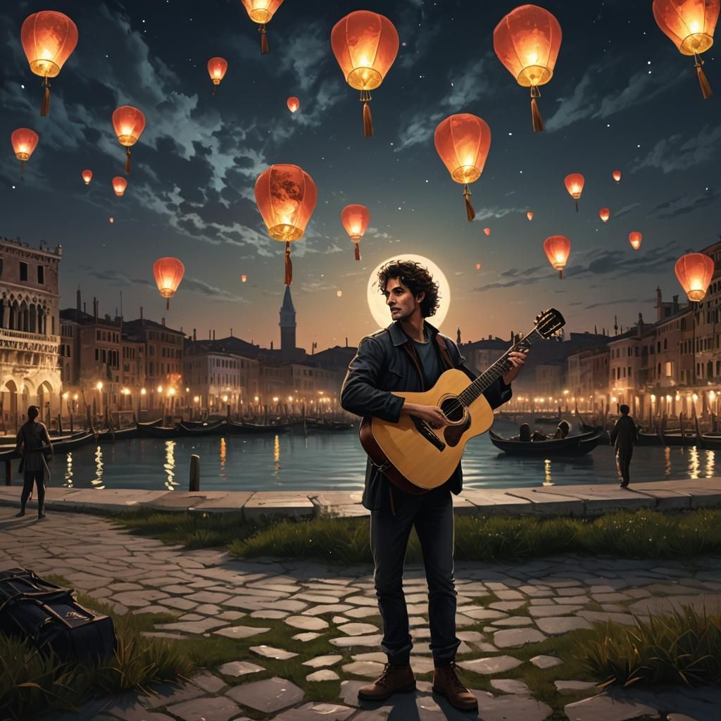 Venice Night Scene: Post-Impressionistic Guitar Player