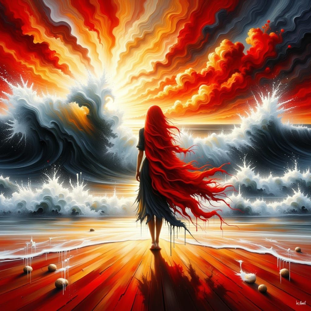 Fiery Redhead on Stormy Beach at Sunset