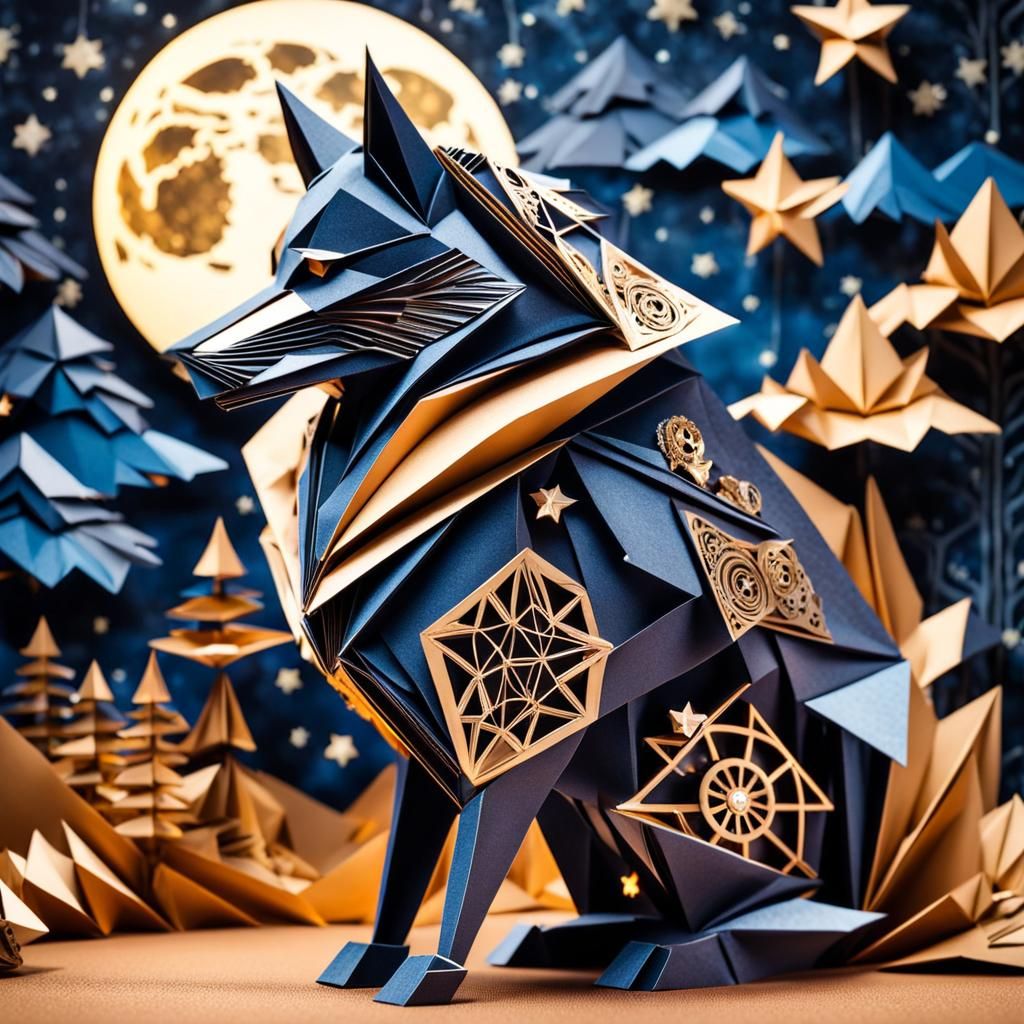 Steampunk Wolf Under Starry Night Sky