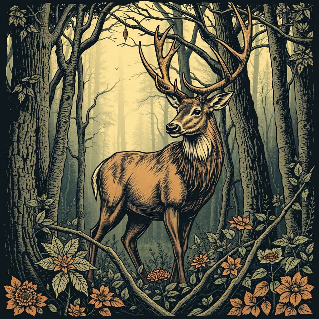 Mystical Deer in Forest Woodcut Style