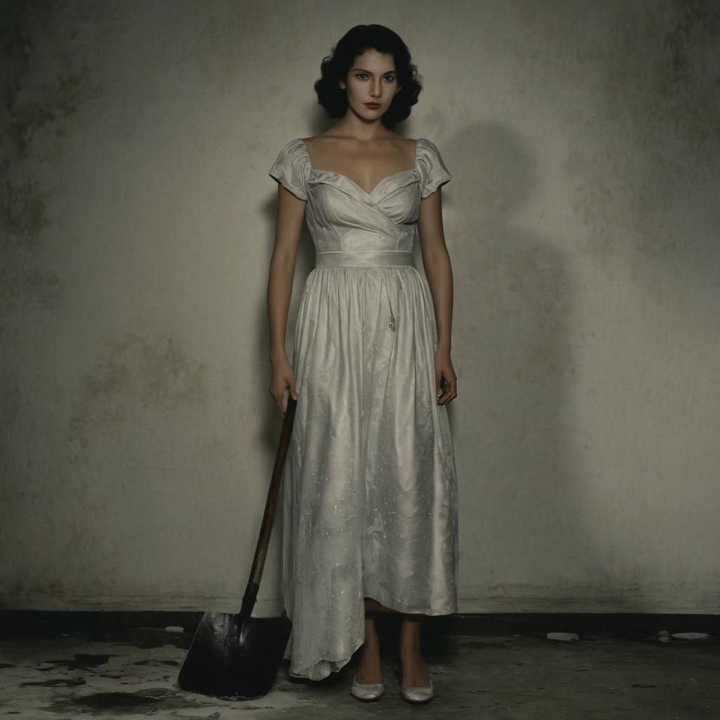 Film Noir: Woman with Shovel in Elegant Dress