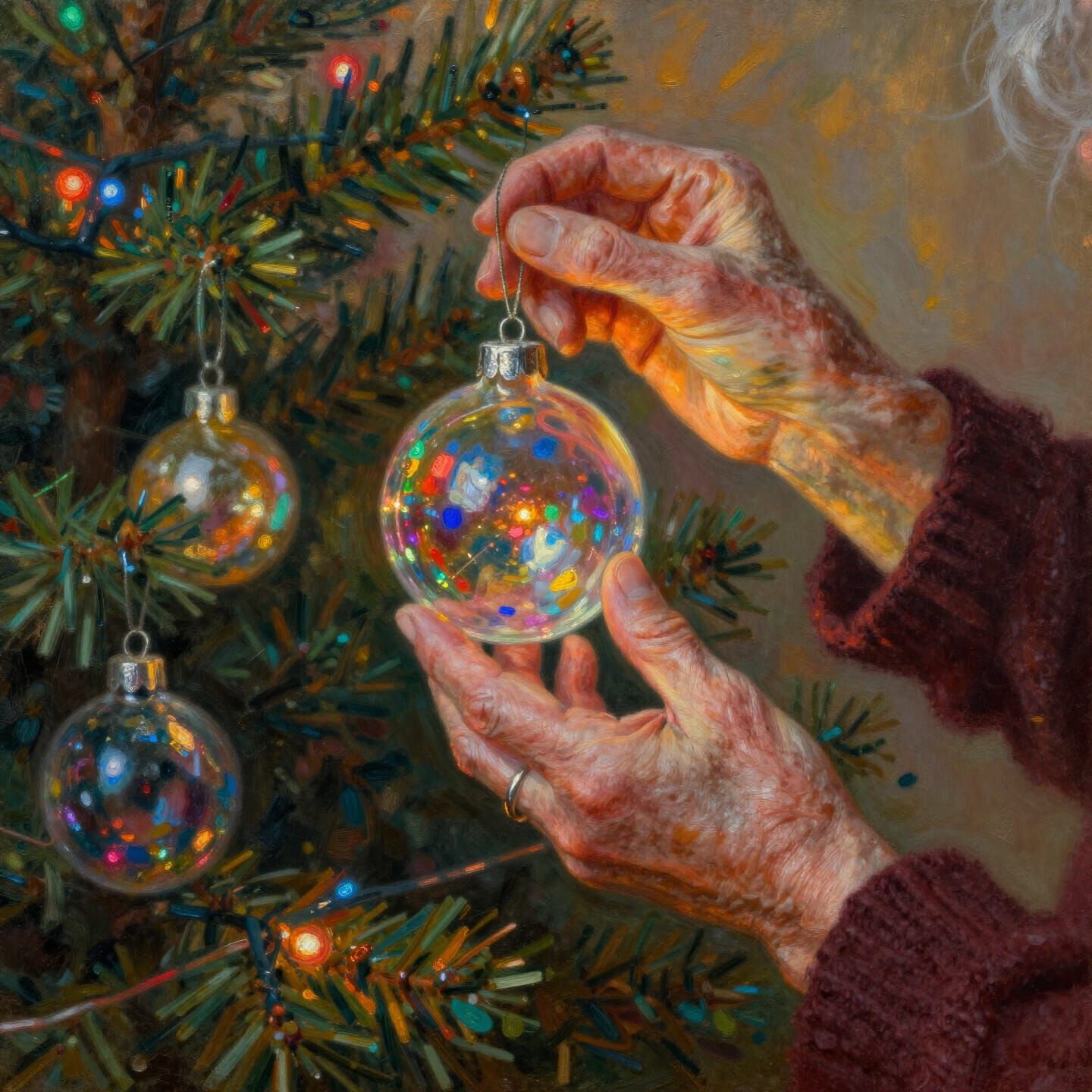 Grandmother's Hands Holding Christmas Ornament, Impressionis...