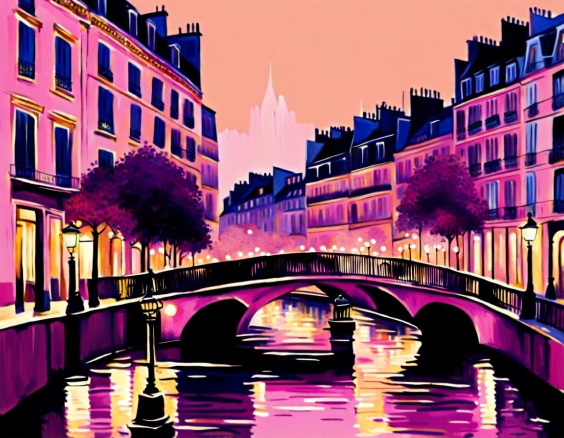 Pink Gold Parisian Cityscape in Impressionist Style