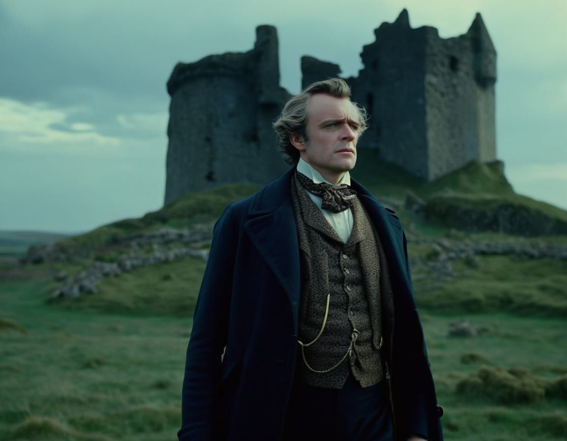 Elegant Irish Gentleman on Windswept Moor: Film Still