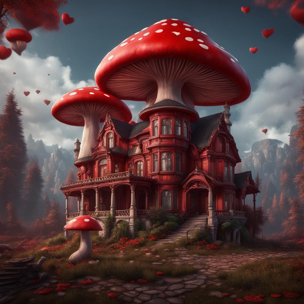 Hyperrealistic Valentine Mushroom Manor: Detailed Matte Pain...