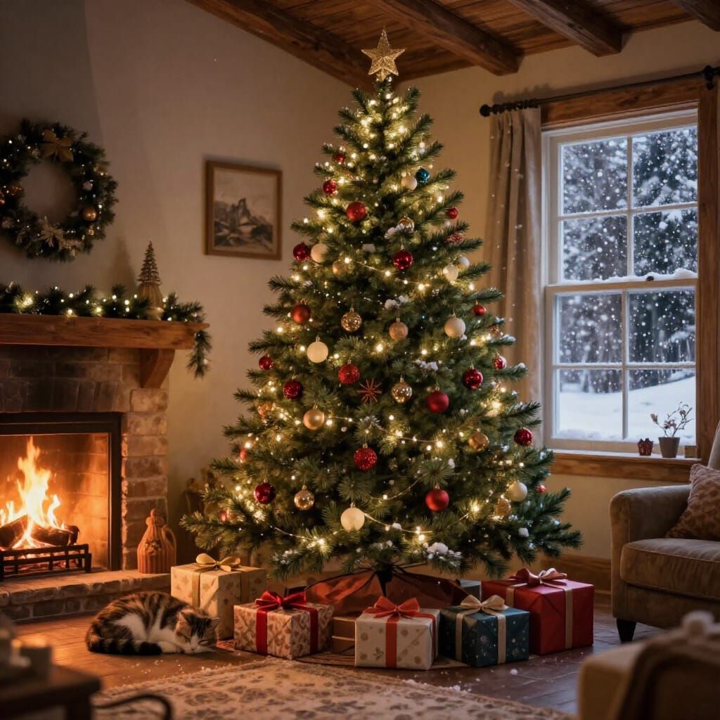 Cozy Christmas Living Room Scene with Tree and Fireplace