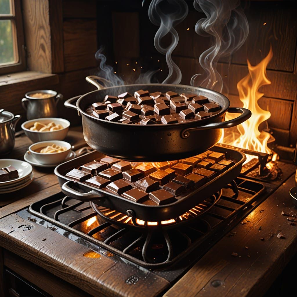 Chocolate Fudge Melts on Wood Stove: Whimsical Oil Painting