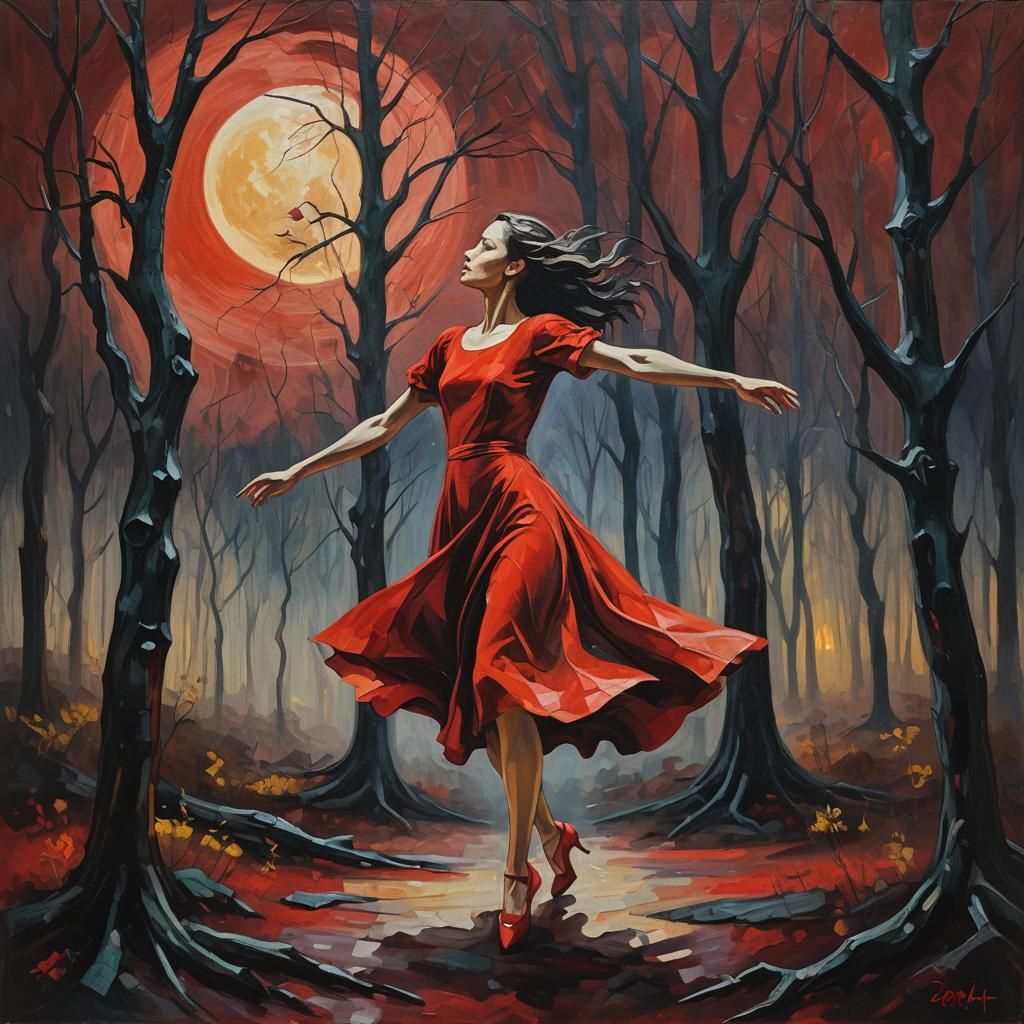 Expressionist Dancer in Red Moonlight