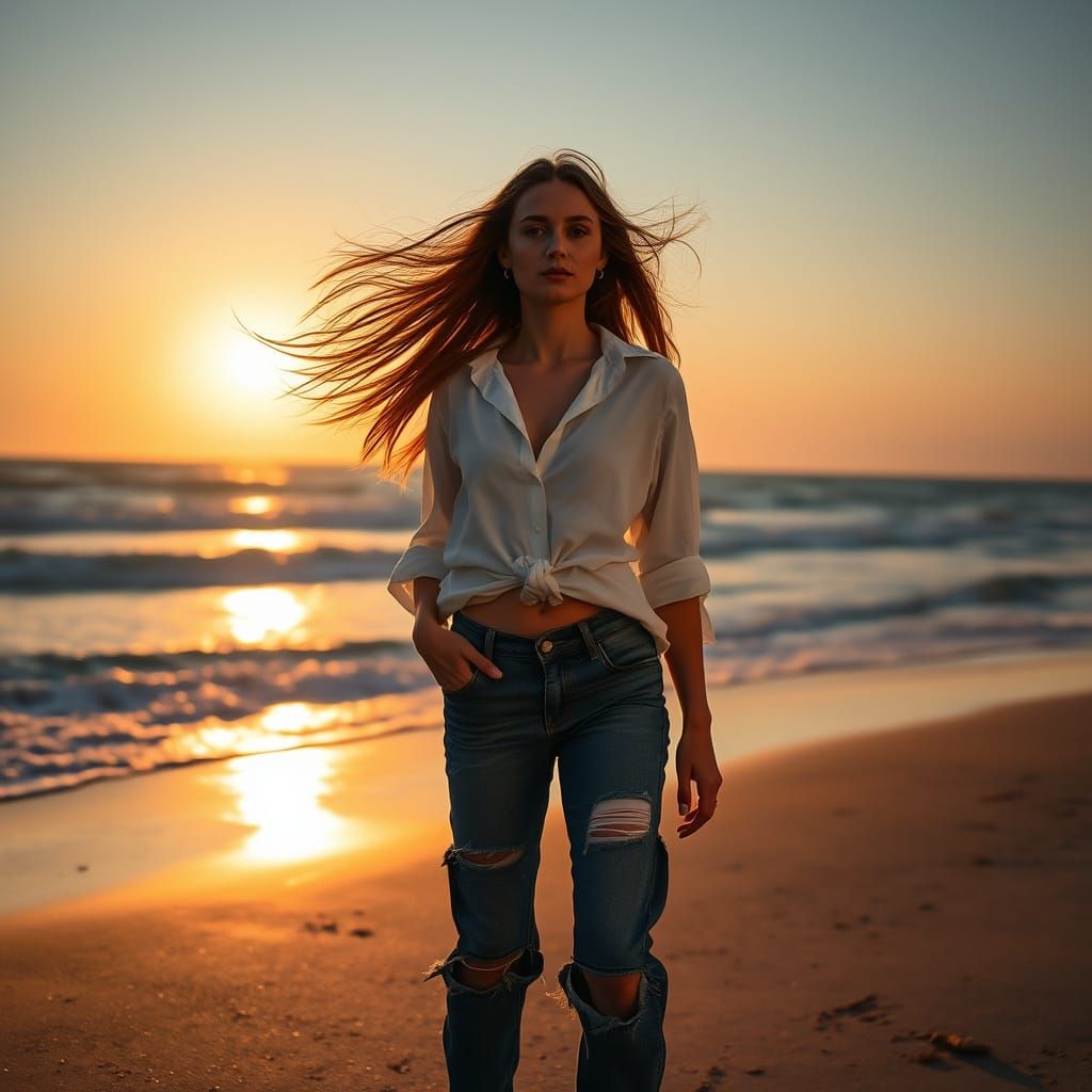 Golden Hour Beach Portrait with Dramatic Lighting