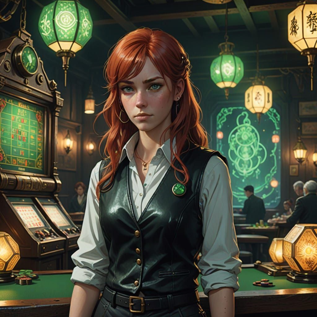Confident Redhead Gambles in Mystical Casino