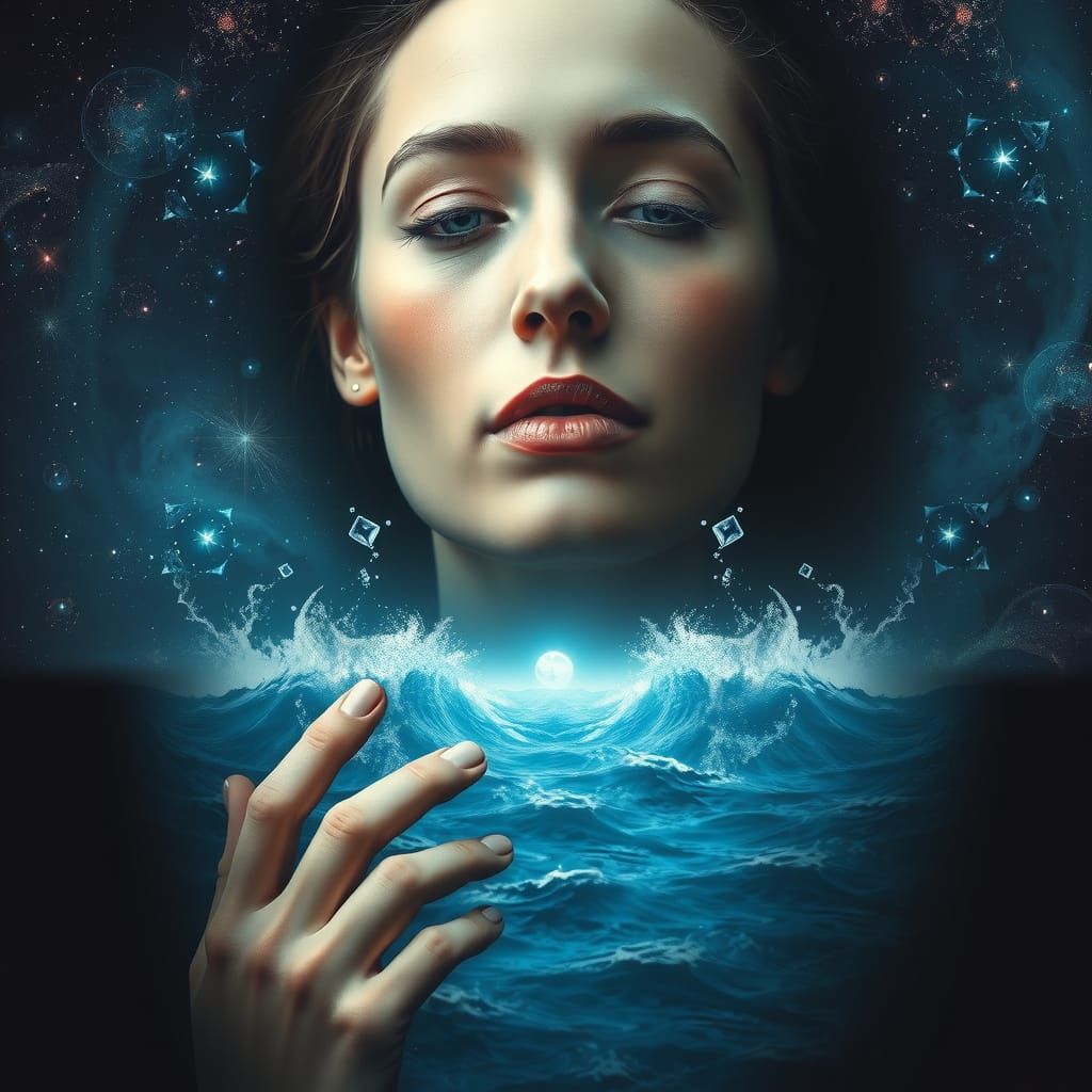 Astronaut Woman Reaches Cosmic Ocean