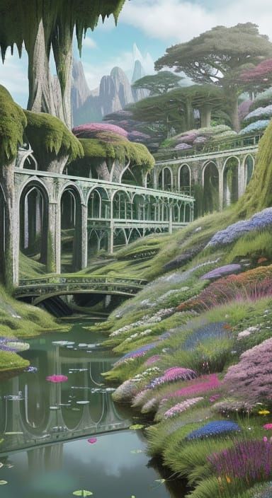 Surreal Kaleidoscopic Garden Scene by Moonlight