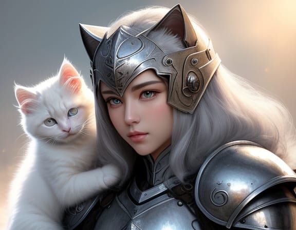 Knight Kneels Before Luminous Kitten in Surreal Oil Painting
