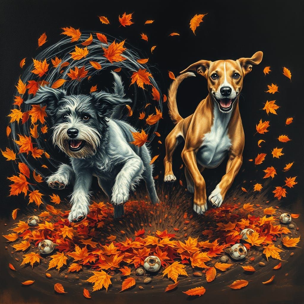 Two dogs running in a circle causing the autumn leaves to form a miniature tornado. hyperdetailed charcoal drawing surre...