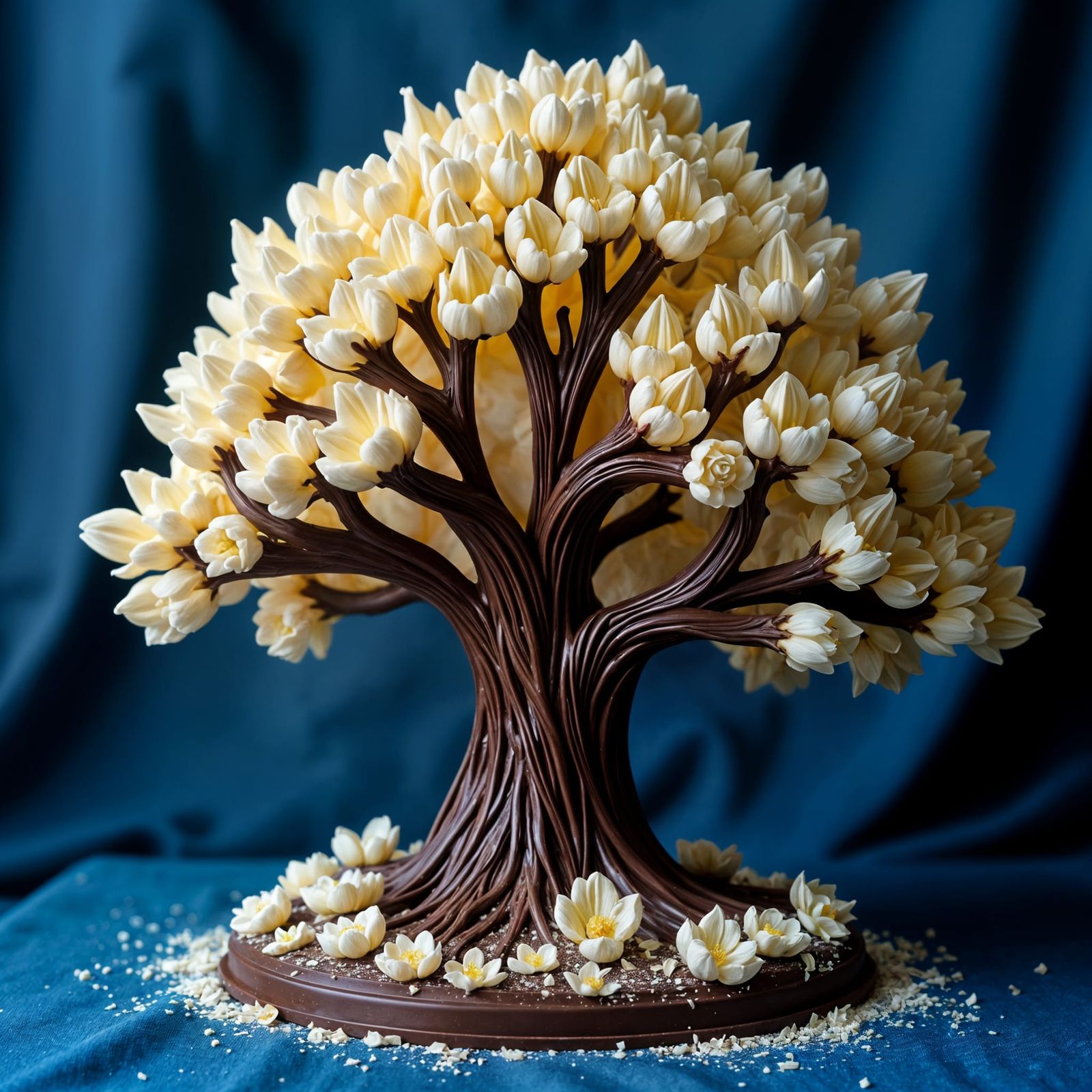 Ornate Chocolate Tree Sculpture on Blue Cloth
