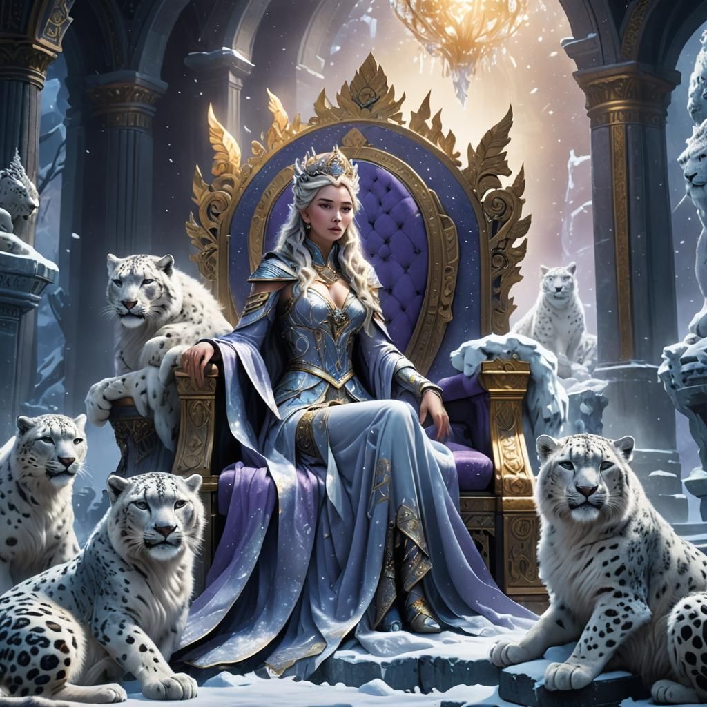 Majestic Ice Goddess on Throne in Icy Palace