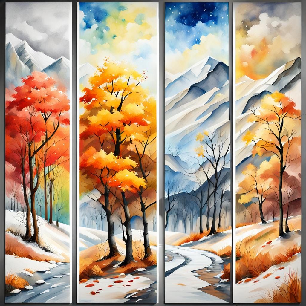 Four Seasons Polyptych in Hyperrealistic Watercolour