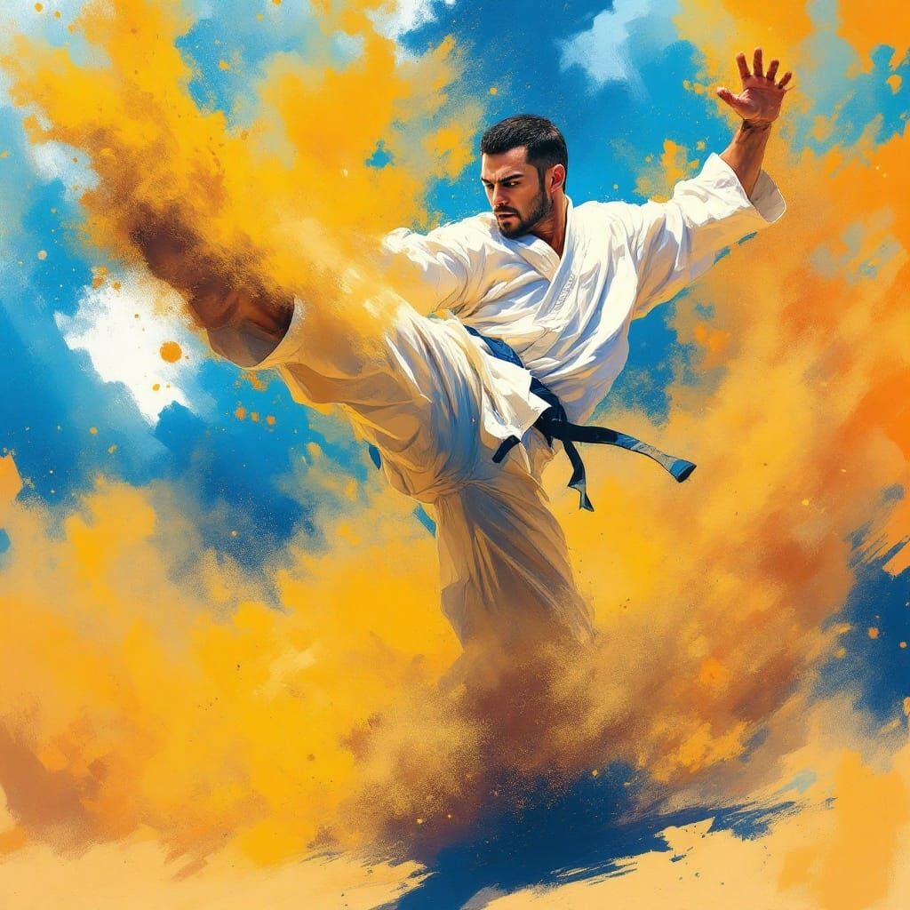 Man Executes High Side Kick in Vibrant, Swirling Dust