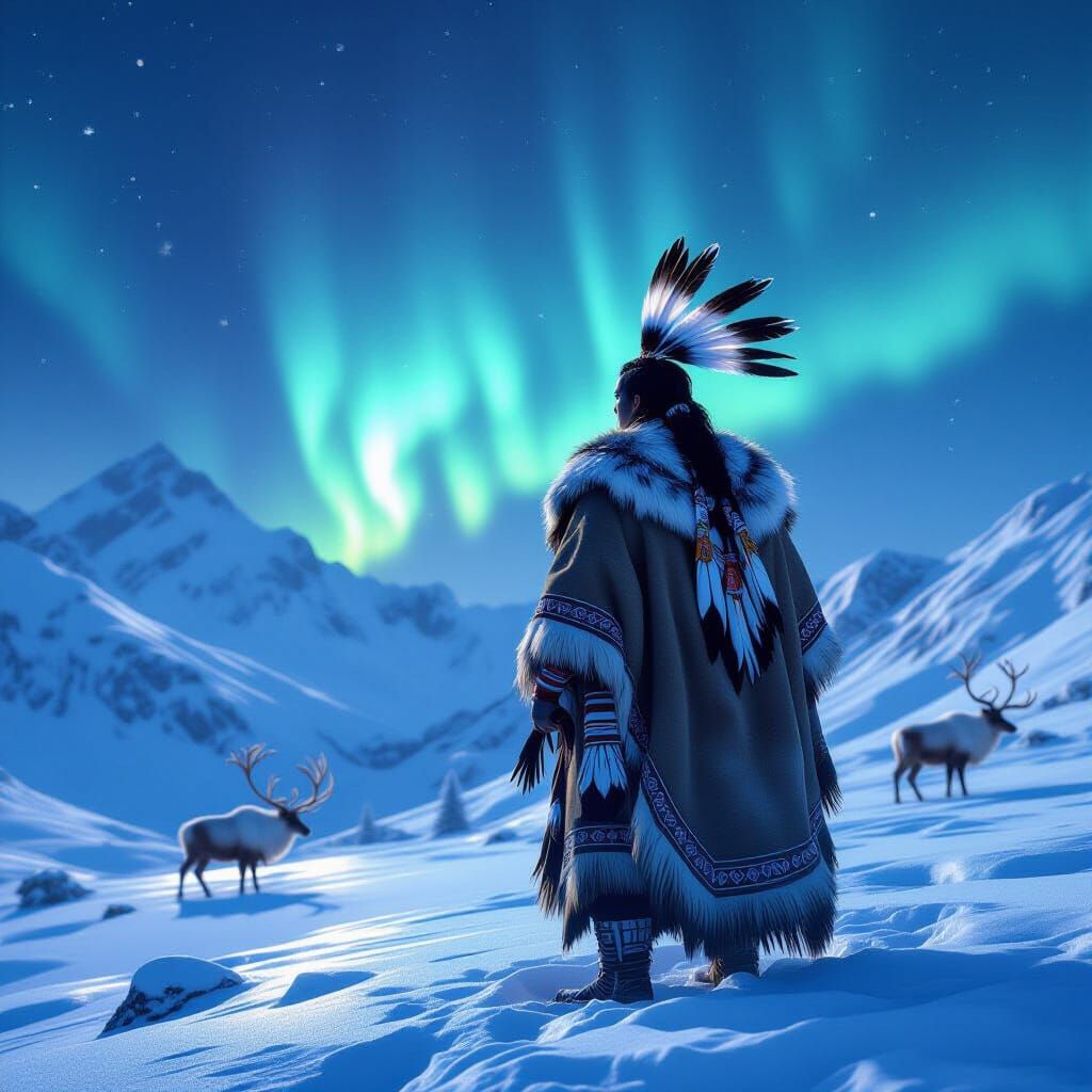 Native American Chieftain Gazing at Aurora Borealis